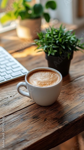 Coffee cup on wooden table near keyboard and plant in cozy workspace
