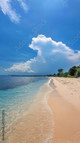 Serene tropical beach with clear water and vivid clouds in the background und...
