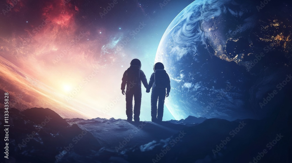 Fototapeta premium Astronauts holding hands under vibrant cosmic horizon