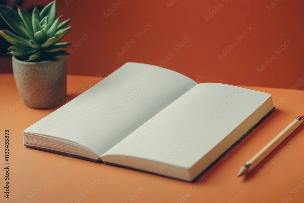 Fototapeta premium Blank notebook and pencil on an orange table with a plant in a pot near the workspace