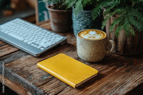 Cozy workspace featuring a latte, notebook, and keyboard on a wooden table