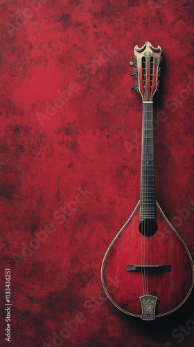Beautiful mandolin against a vibrant red background showcasing musical crafts...