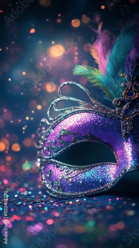 A beautifully crafted masquerade mask featuring vibrant colors, glitter, and ...