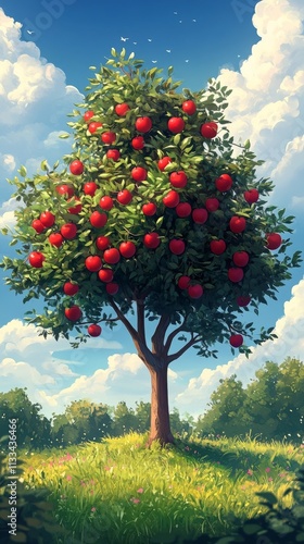 Apple tree in orchard at sunset with ripe fruit hanging from branches
