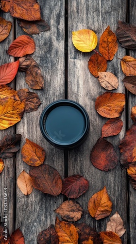 Black cup of coffee surrounded by colorful autumn leaves on a wooden table