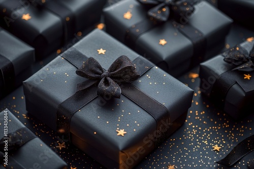 Elegant black gift boxes with golden decorations create a festive atmosphere