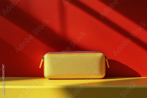 Bright yellow bag resting on a colorful background with shadows and light
