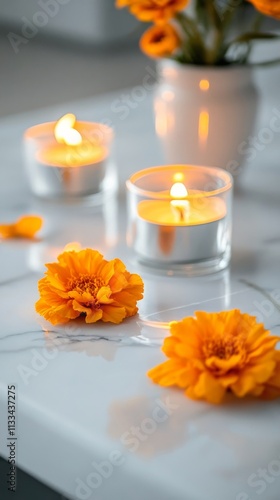 Vibrant orange flowers and soft candles create a serene atmosphere in a cozy ...