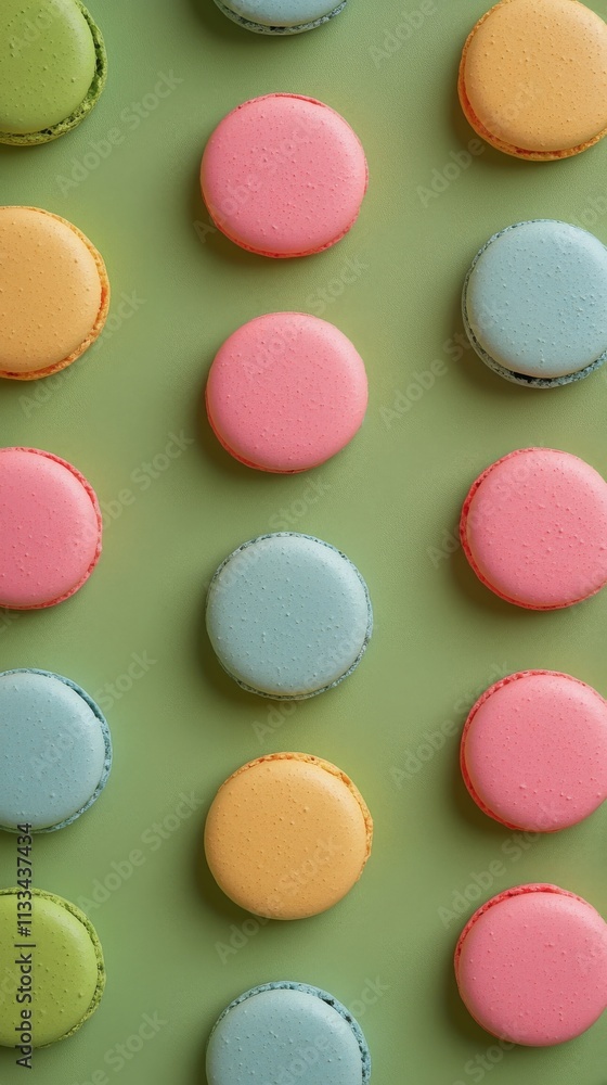 Obraz premium Colorful macarons arranged on a green background showcasing various pastel shades