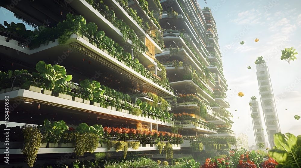 Obraz premium Vertical farms and automated harvesters