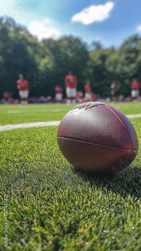 Football resting on field with players practicing in background during sunny day