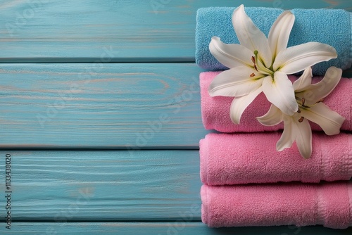 Soft towels and white lilies create a serene spa atmosphere in calming colors