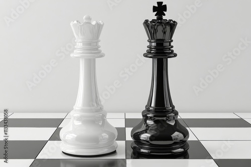 Chess match between white and black kings on a wooden board with dramatic lig...