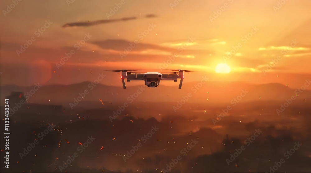 Drone flying at sunset over landscape. Drone flying at sunset over landscape.