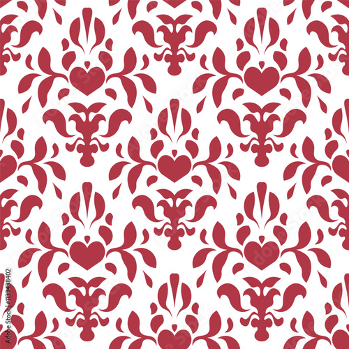 Elegant seamless ornamental pattern with red floral and abstract shapes with hearts on white background, inspired by traditional damask patterns and vintage motifs.