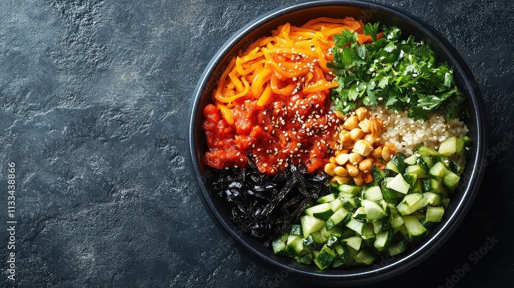Delicious Bibimbap on Dark Concrete Delicious Bibimbap on Dark Concrete