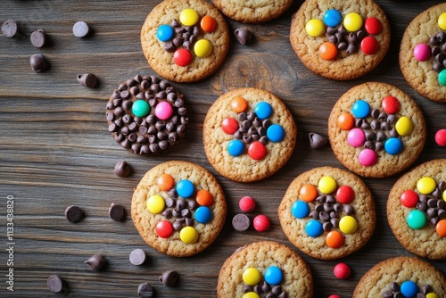 Colorful cookies with candy coated chocolate drops on wooden table