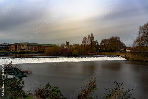 A long exposure of the River Derwent in the centre of Derby, Derbyshire, UK