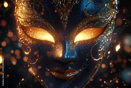 Mysterious figure adorned in a shimmering purple mask during a festive celebr...
