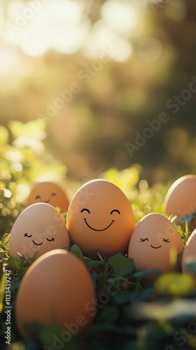 Happy eggs with smiling faces in a sunny garden setting during springtime