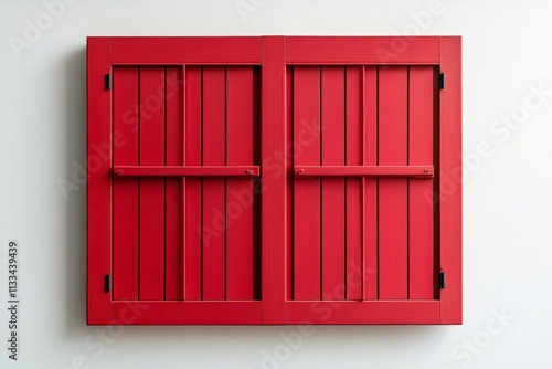 Bright red wooden shutters enhance the exterior of a modern building in a sun...