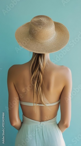 Woman with straw hat poses against a blue wall during a sunny day