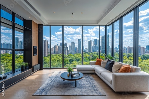 Modern empty room with large windows showcasing city skyline and greenery on ...