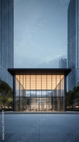 Modern glass building at dusk with sleek design and urban surroundings