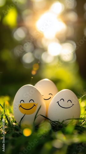 Happy eggs with smiling faces in a sunny garden setting during springtime