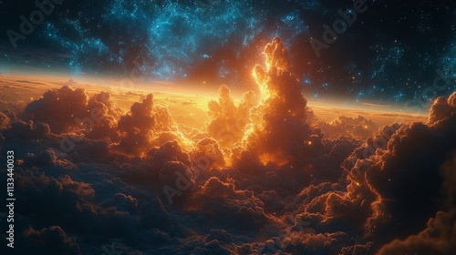 Vibrant sunset view over a cloud filled sky with stars twinkling in the distance