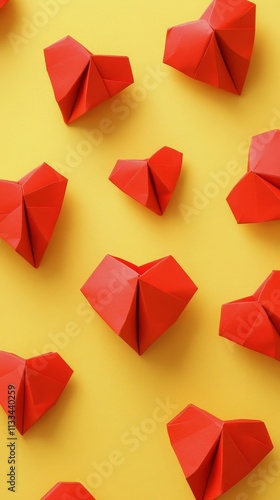 Red origami hearts arranged in a pattern on a bright yellow background
