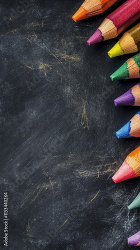 Crayons arranged on a chalkboard surface in vibrant colors for creative activ...
