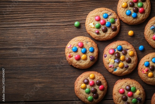 Colorful cookies with candy coated chocolate drops on wooden table