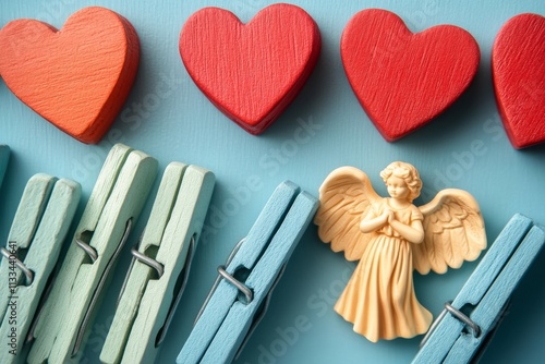 Colorful wooden clips and hearts with a small angel figurine on a blue wooden...