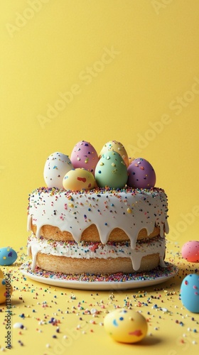 Colorful Easter cake decorated with sprinkles and pastel eggs against a brigh...