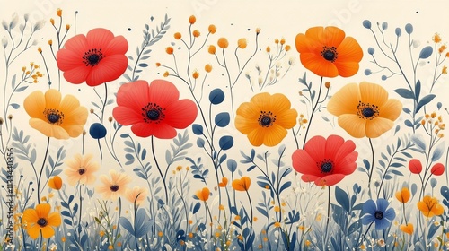 Vibrant floral landscape featuring colorful blossoms and rich green foliage i...