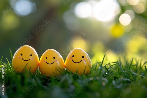 Happy yellow eggs enjoying a sunny day in a green garden