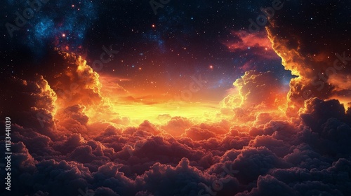 Vibrant sunset view over a cloud filled sky with stars twinkling in the distance