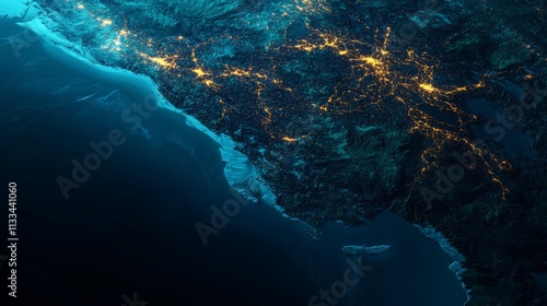 Aerial view of illuminated coastline at night with glowing cities