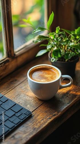 Coffee cup on wooden table near keyboard and plant in cozy workspace