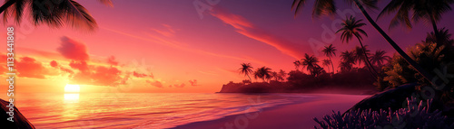 A vibrant sunset over a tranquil beach, surrounded by swaying palm trees.