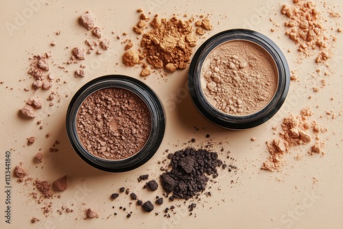 Loose powder cosmetics containers with spilled product on a light surface dur...