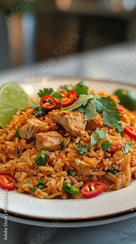 Delicious chicken fried rice with fresh vegetables and lime at a lively resta...