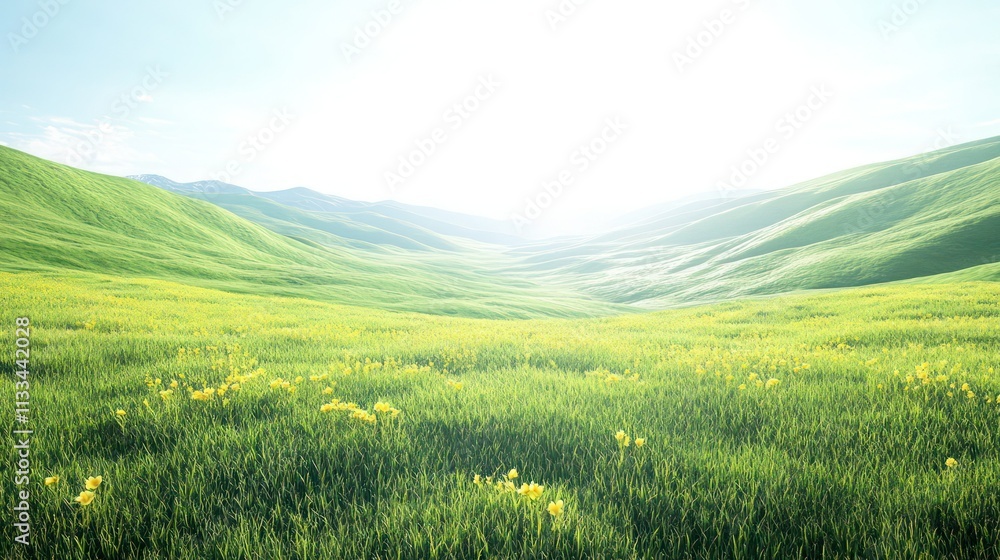 Obraz premium A tranquil valley with soft green grass, patches of yellow flowers, and a gentle breeze under a bright, clear sky.