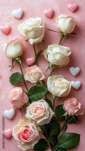 Colorful roses with heart shapes arranged beautifully on a pink background