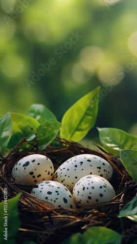 Nest with speckled eggs surrounded by green leaves in a serene natural setting
