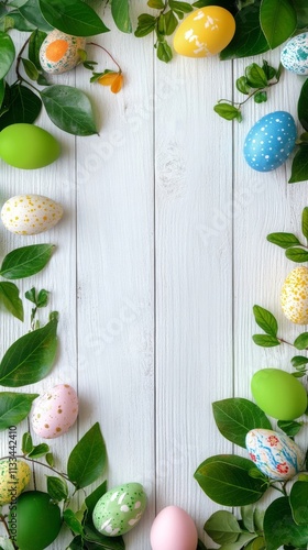 Colorful decorative eggs surrounded by fresh green leaves on wooden background
