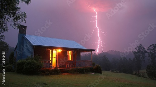 Lightning strikes a cottage during a storm in a rural setting at dusk