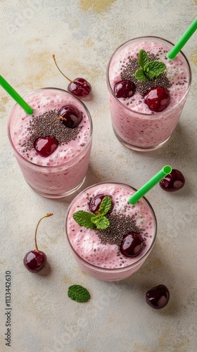 Refreshing cherry mint smoothie served in glasses with green straws