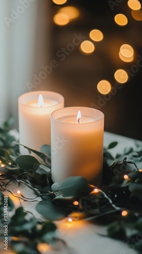 Elegantly arranged candles surrounded by festive greenery and soft lights for...